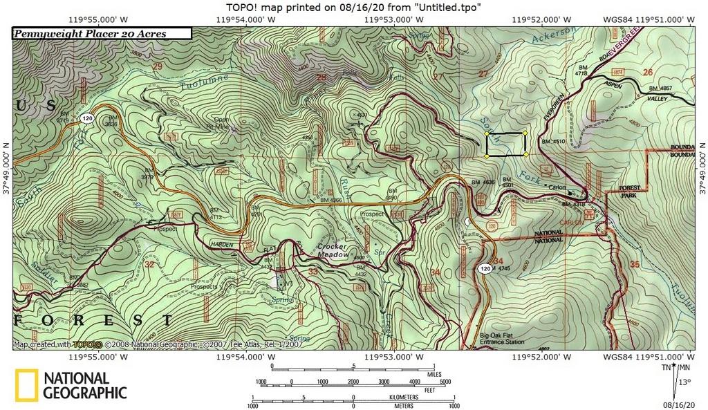 Topographic map of the Pennyweight Placer claim boundary on the South Fork Tuolumne, with section lines, Highway 120 and the Big Oak Flat entrance station