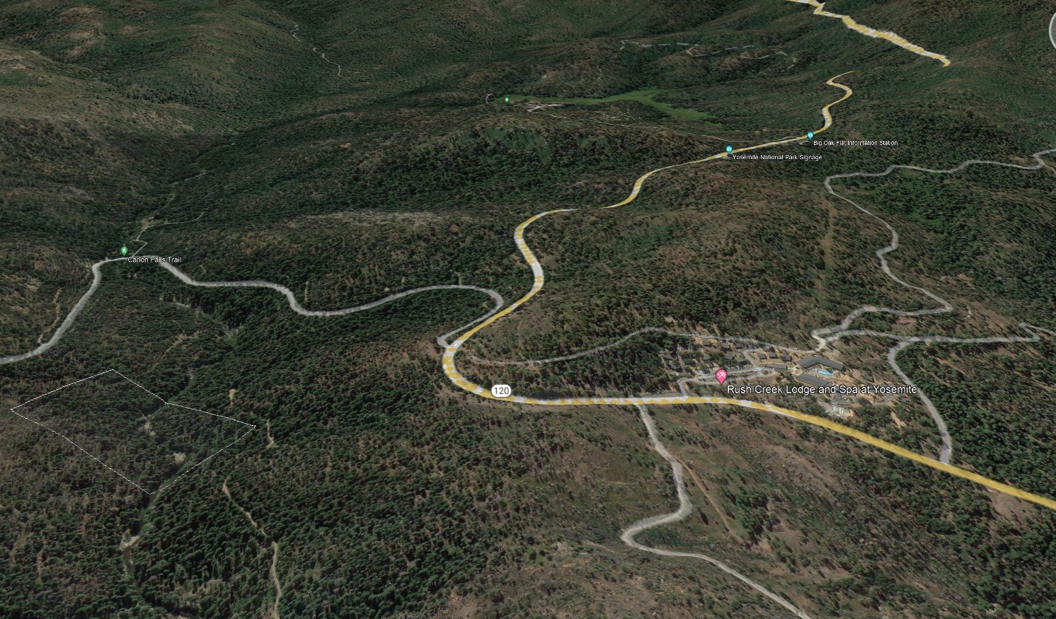 Aerial view of the Pennyweight Placer claim boundary outlined above the South Fork Tuolumne canyon, with Highway 120 running past to the north